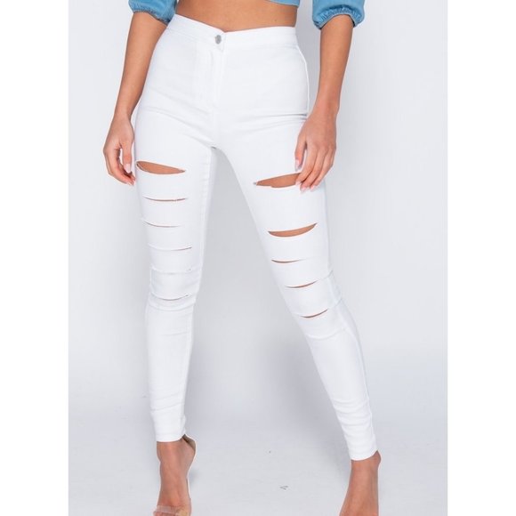 Pants - White High Waist Ripped Distressed Skinny Denim Jeggings Pants